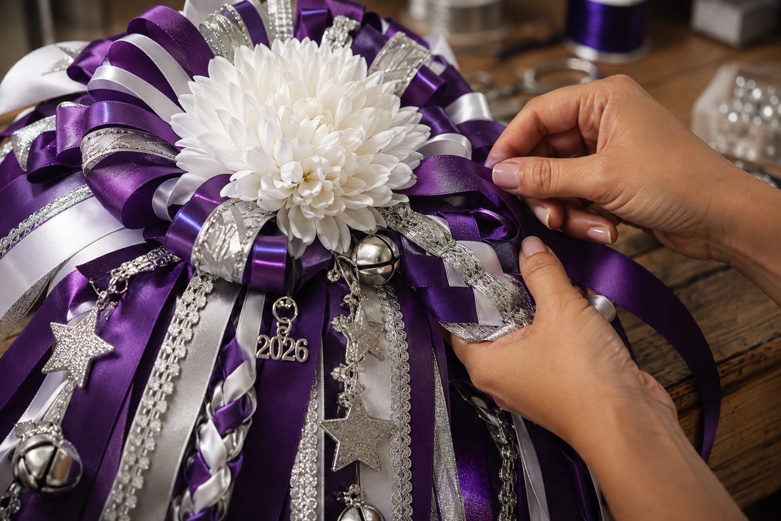 Artisan adding the finishing ribbon to a purple and silver homecoming mum