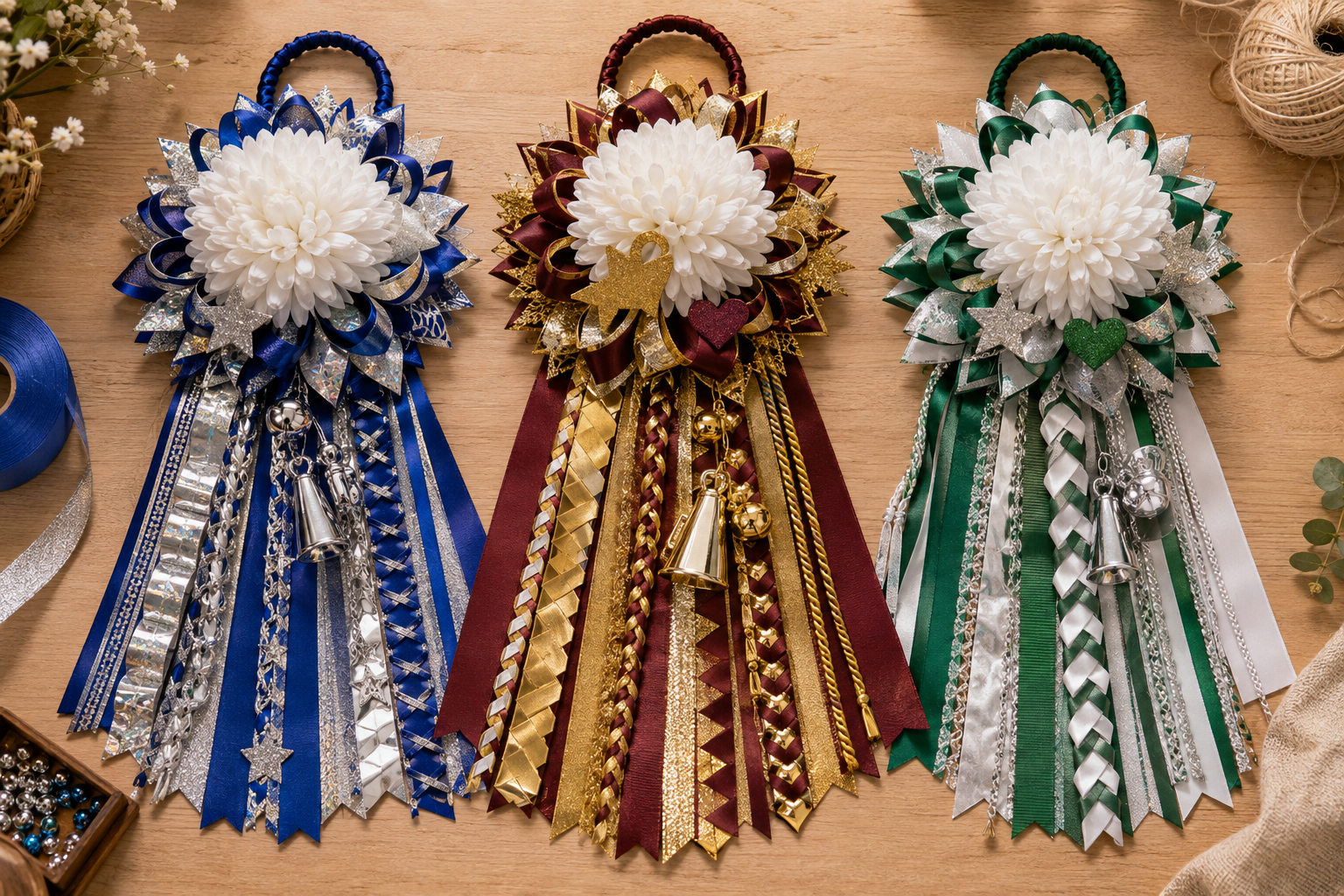 Three homecoming mums in blue, maroon, and green school color palettes