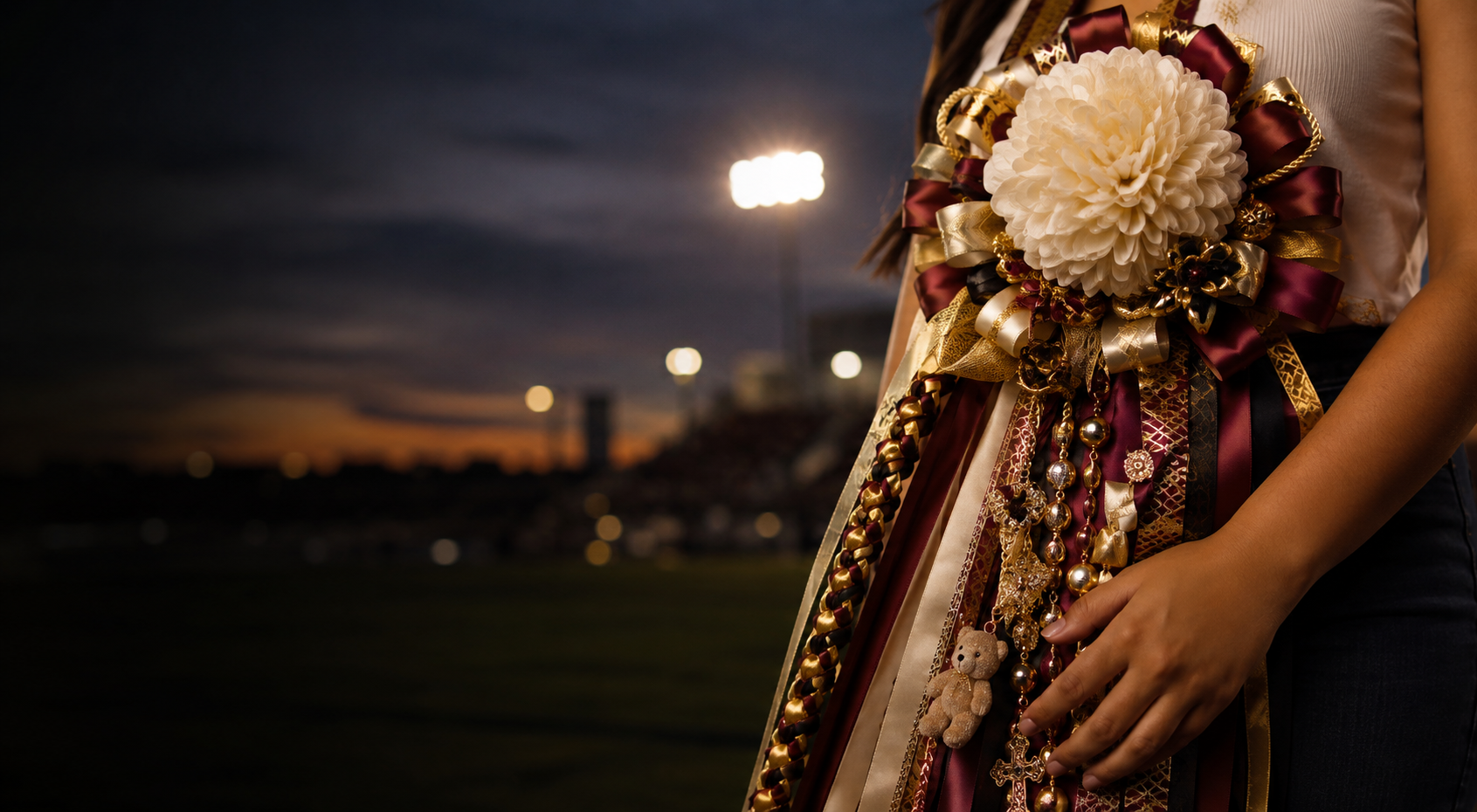 Detailed maroon and gold homecoming mum at a stadium